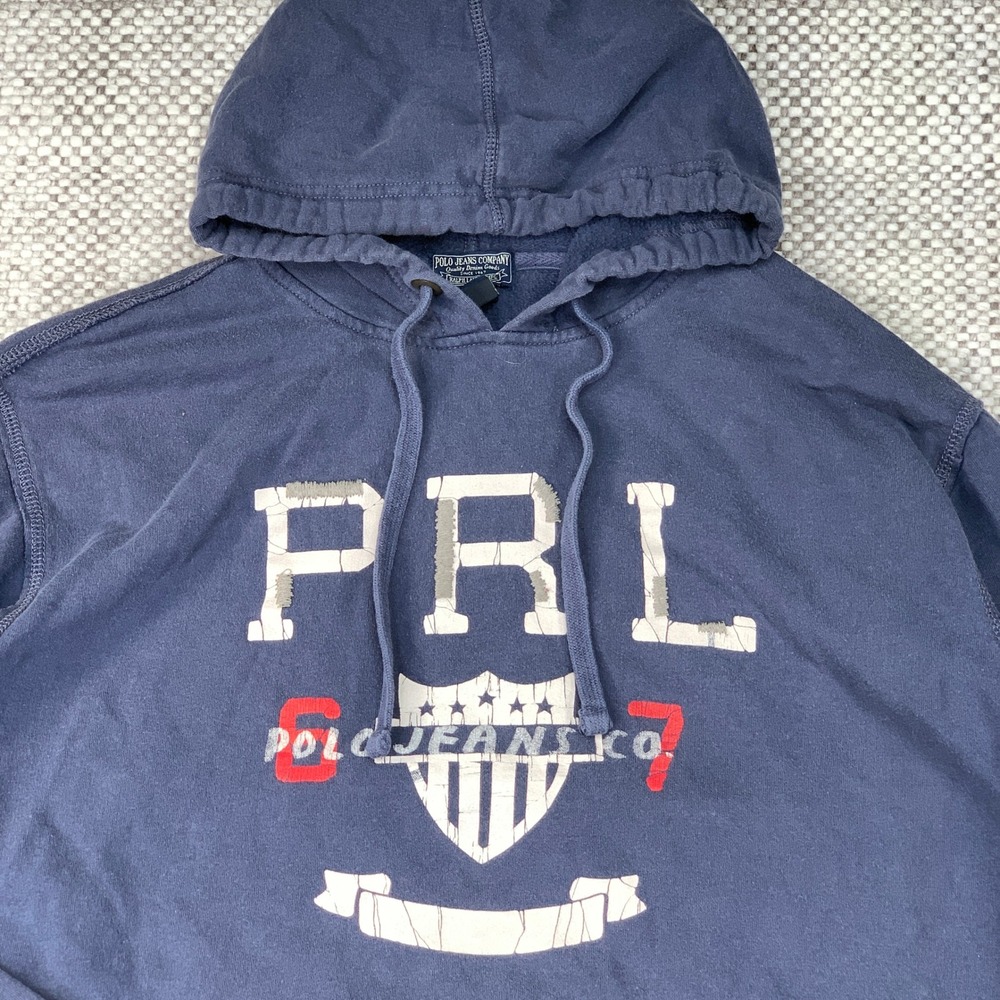 Polo Jeans Co Hoodie Mens XL Blue Distressed Graphic Pullover Ralph Lauren Y2K